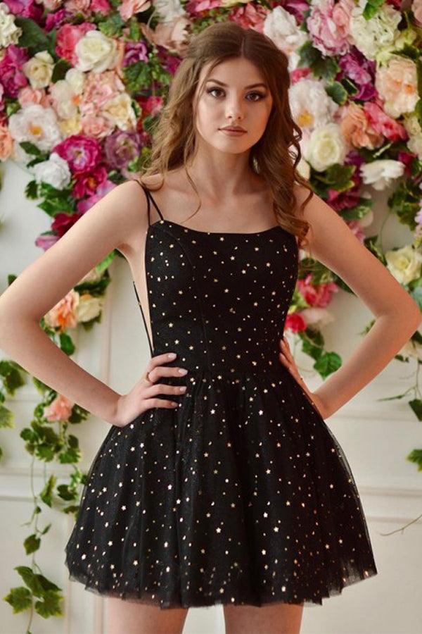 Round Neck Straps Black Stars Homecoming Dress School Dance Dress Custom Size / As Picture Round Neck Straps Black Stars Homecoming Dress School Dance Dress Custom Size / As Picture
