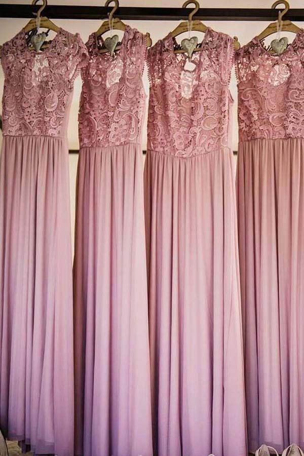 Round Neck Cap Sleeves Chiffon Bridesmaid Dress with Lace BD050 - Tirdress