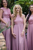 Round Neck Cap Sleeves  Chiffon Bridesmaid Dress with Lace BD050