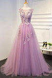 Round Neck Pink Long Tulle Prom Dresses with Applique TP0151