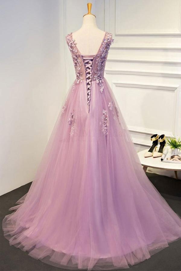 Round Neck Pink Long Tulle Prom Dresses with Applique TP0151 - Tirdress
