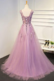 Round Neck Pink Long Tulle Prom Dresses with Applique TP0151 - Tirdress