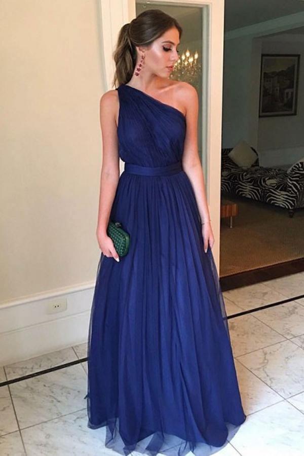 Royal Blue A-line Tulle One Shoulder Floor-length Long Prom Dresses TP0819 - Tirdress