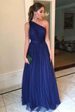 Royal Blue A-line Tulle One Shoulder Floor-length Long Prom Dresses TP0819 - Tirdress