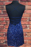 Royal Blue Sequin Halter Sheath Homecoming Dress Backless Party Dress HD0119 - Tirdress