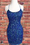 Royal Blue Sequin Halter Sheath Homecoming Dress Backless Party Dress HD0119