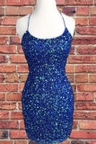 Royal Blue Sequin Halter Sheath Homecoming Dress Backless Party Dress HD0119 - Tirdress