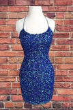 Royal Blue Sequin Halter Sheath Homecoming Dress Backless Party Dress HD0119 - Tirdress