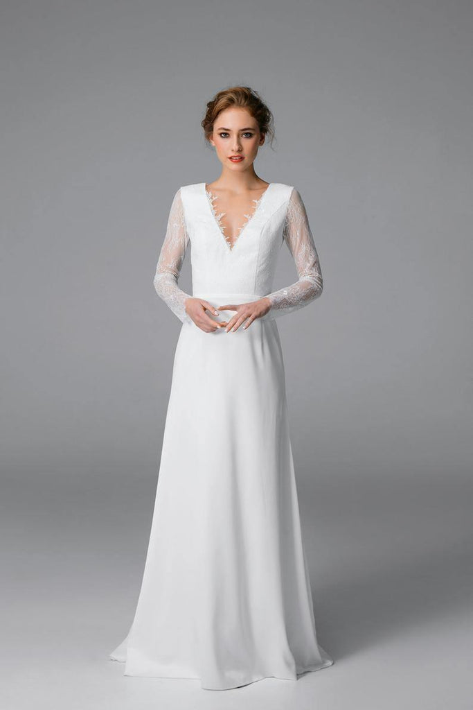 Royal open back wedding dress Simple lace long sleeve Bridal Gown TN217 - Tirdress