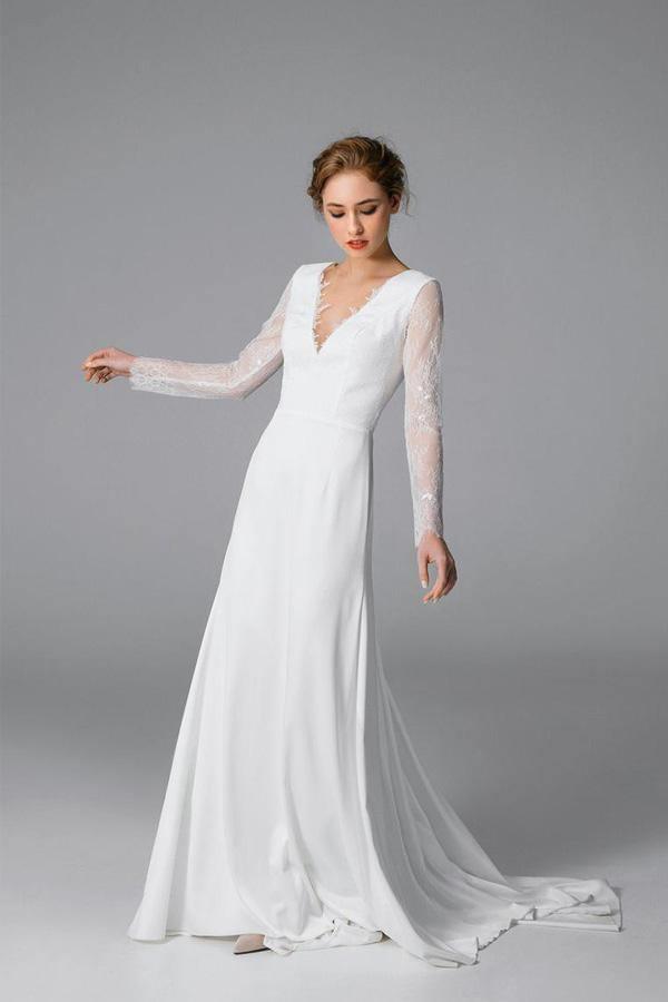 Open Back Wedding Dress Simple Lace Long Sleeve Bridal Gown TN217 US18 / Custom Color Open Back Wedding Dress Simple Lace Long Sleeve Bridal Gown TN217 US18 / Custom Color