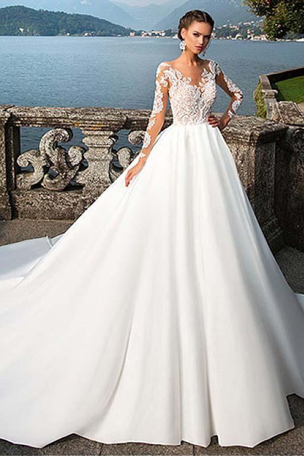 Satin Bateau Neckline A-Line Wedding Dresses With Lace Appliques Tirdress Satin Bateau Neckline A-Line Wedding Dresses With Lace Appliques Tirdress