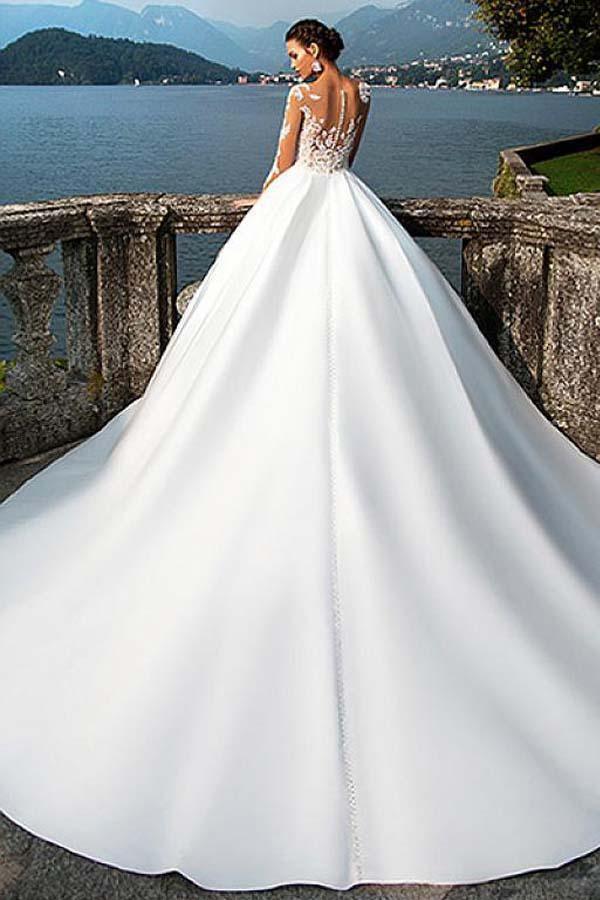 Satin Bateau Neckline A-Line Wedding Dresses with Lace Appliques US6 / Custom Color Satin Bateau Neckline A-Line Wedding Dresses with Lace Appliques US6 / Custom Color