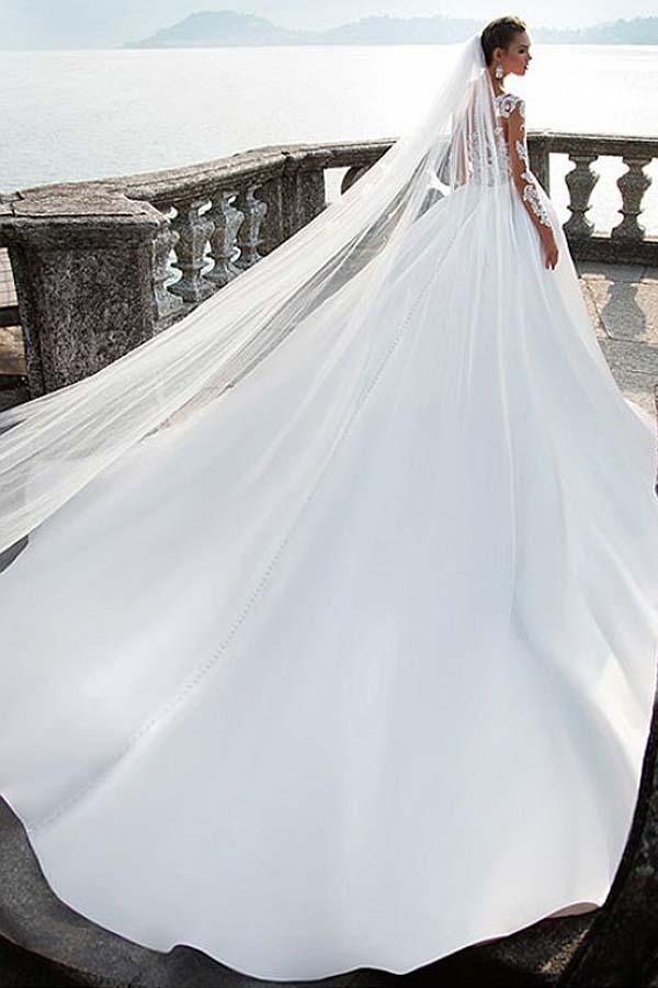 Satin Bateau Neckline A-Line Wedding Dresses with Lace Appliques US6 / Custom Color Satin Bateau Neckline A-Line Wedding Dresses with Lace Appliques US6 / Custom Color