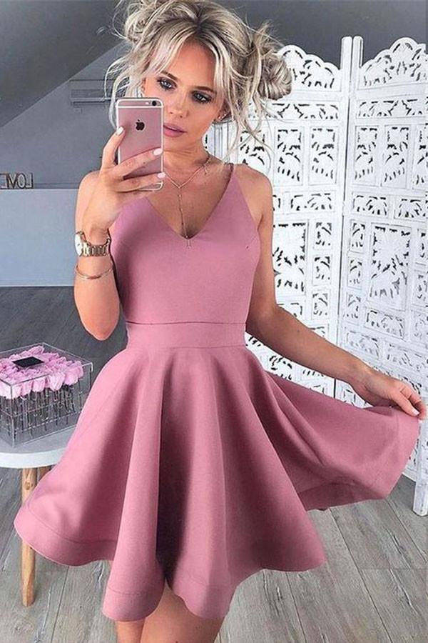 Satin Knee Length V-neck Homecoming Dresses Party Dress PG133 - Tirdress