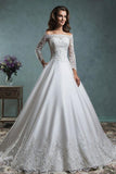 Satin Lace Applique Wedding Dress Off The Shoulder Long Sleeve Jacket TN0075