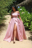 Satin Off-the-shoulder Neckline A-line Prom Dresses Evening Dresses TP0997 - Tirdress