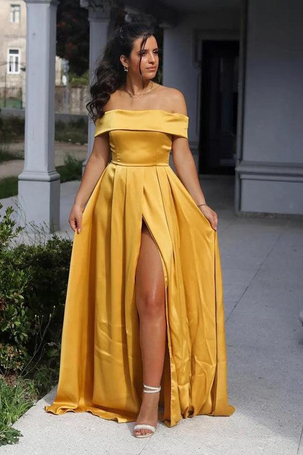 Satin Off-the-shoulder Neckline A-line Prom Dresses Evening Dresses TP0997 - Tirdress