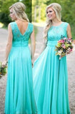 U-Ausschnitt, langes, blaues Brautjungfernkleid aus Chiffon und Spitze in A-Linie TY0030