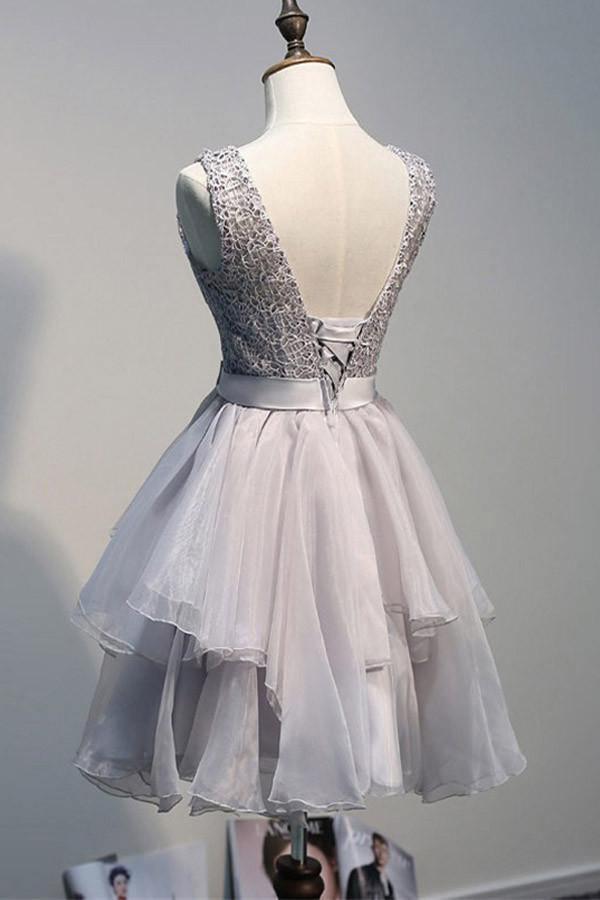 Scoop Backless Short Grey Organza Homecoming Dress with Appliques Tirdress Scoop Backless Short Grey Organza Homecoming Dress with Appliques Tirdress