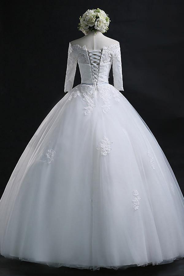 Scoop Ball Gown Bateau Long Tulle Wedding Dress With Lace WD013 - Tirdress