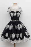 Scoop Black Homecoming Dress Knee-Length White Lace Cap Sleeves TR0108