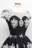 Scoop Black Homecoming Dress Knee-Length White Lace Cap Sleeves TR0108 - Tirdress