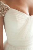 Scoop Cap Sleeves Sweep Train Beading Pleated Wedding Dress with Beading WD106 - Tirdress