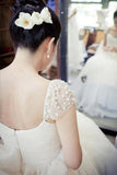 Scoop Cap Sleeves Sweep Train Beading Pleated Wedding Dress with Beading WD106 - Tirdress
