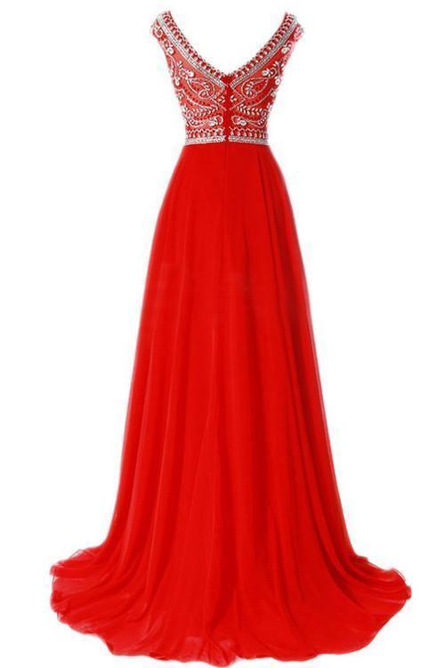 Scoop Chiffon Red Long Prom Dress Evening Gowns With Beading PG 213 - Tirdress