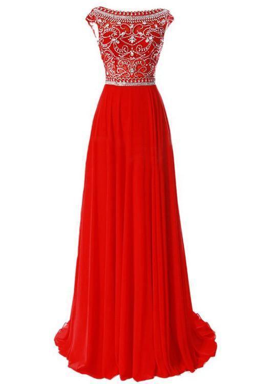 Scoop Chiffon Red Long Prom Dress Evening Gowns With Beading PG 213 - Tirdress