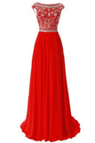 Scoop Chiffon Red Long Prom Dress Evening Gowns With Beading PG 213