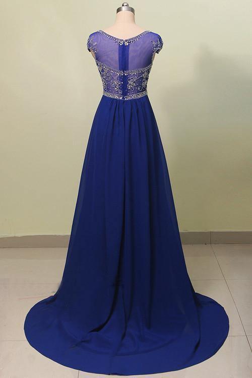 Scoop Court Train Chiffon Blue Prom Dress With Beading US12 / Custom Color Scoop Court Train Chiffon Blue Prom Dress With Beading US12 / Custom Color