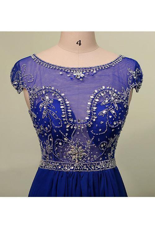 Scoop Court Train Chiffon Blue Prom Dress With Beading PG 207 - Tirdress