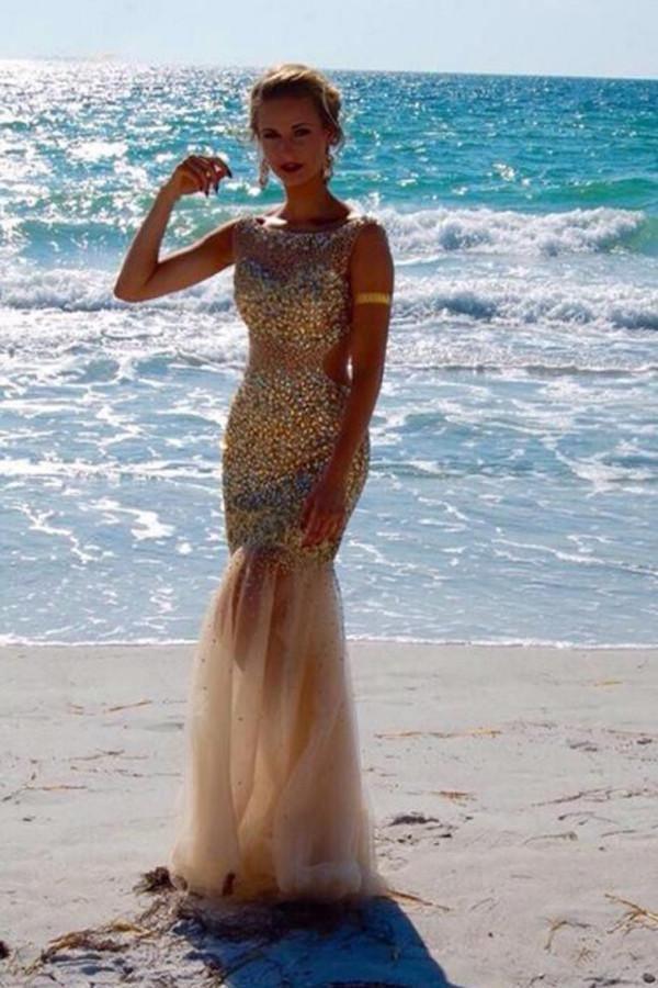 Scoop Floor Length Tulle Backless Prom Dress With Beading PG 241 - Tirdress