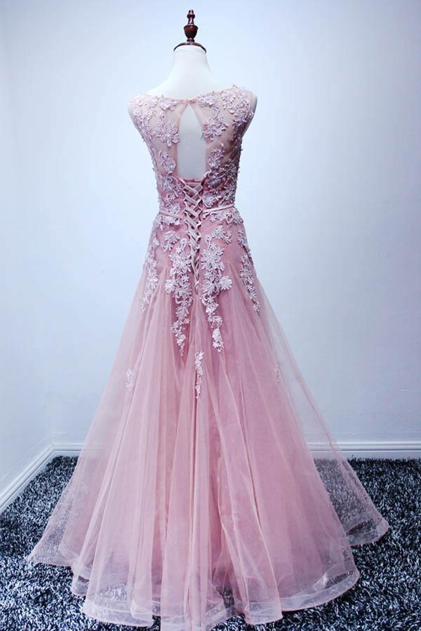 Scoop Floor-length Pink Tulle Open Back Prom Dress With Appliques PG442 - Tirdress