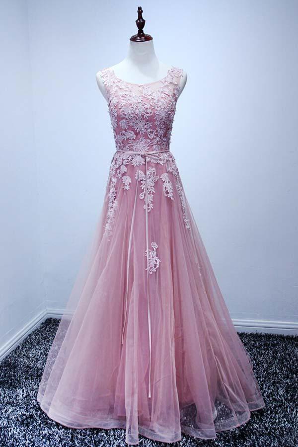 Scoop Floor-length Pink Tulle Open Back Prom Dress With Appliques PG442 - Tirdress