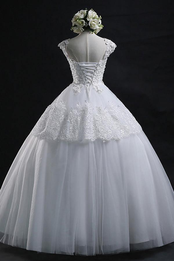 Scoop Long Lace-up Tulle Wedding Dress Ball Gown With Appliques WD012 - Tirdress