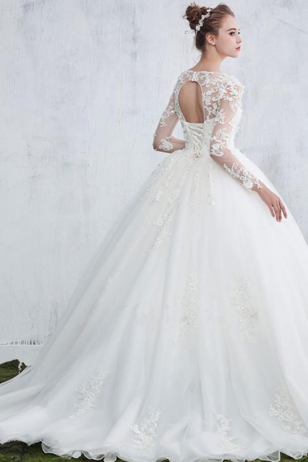Scoop Neck Beaded Appliques Ball Gown Wedding Dress With Sleeves WD046 - Tirdress