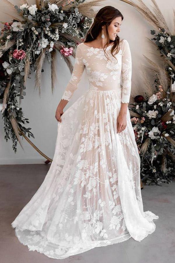 Scoop Neck Long Sleeves Lace A-Line Weddding Dress Bridal Gown-Tirdresses