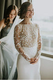 Scoop Neck Mermaid Open Back Split Lace Long Sleeves Wedding Dresses TN231