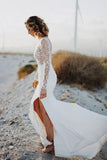 Scoop Neck Mermaid Open Back Split Lace Long Sleeves Wedding Dresses TN231 - Tirdress