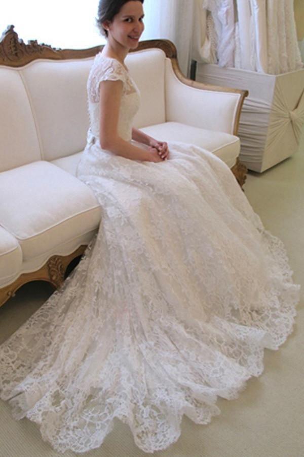 Scoop Neck Short Sleeve A-Line Lace Wedding Dress WD043 - Tirdress
