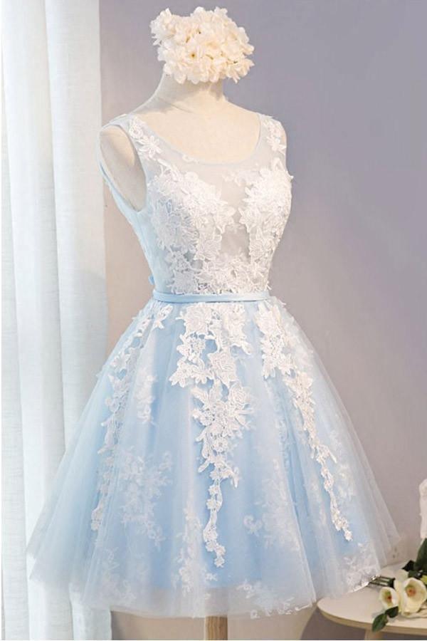Scoop Neck Short Tulle Homecoming Dress Party Dress With Appliques Lace PG137 - Tirdress