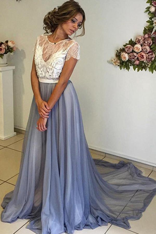 Scoop Neckline Cap Sleeves Chiffon Prom Dress with Lace Backless PG351 - Tirdress