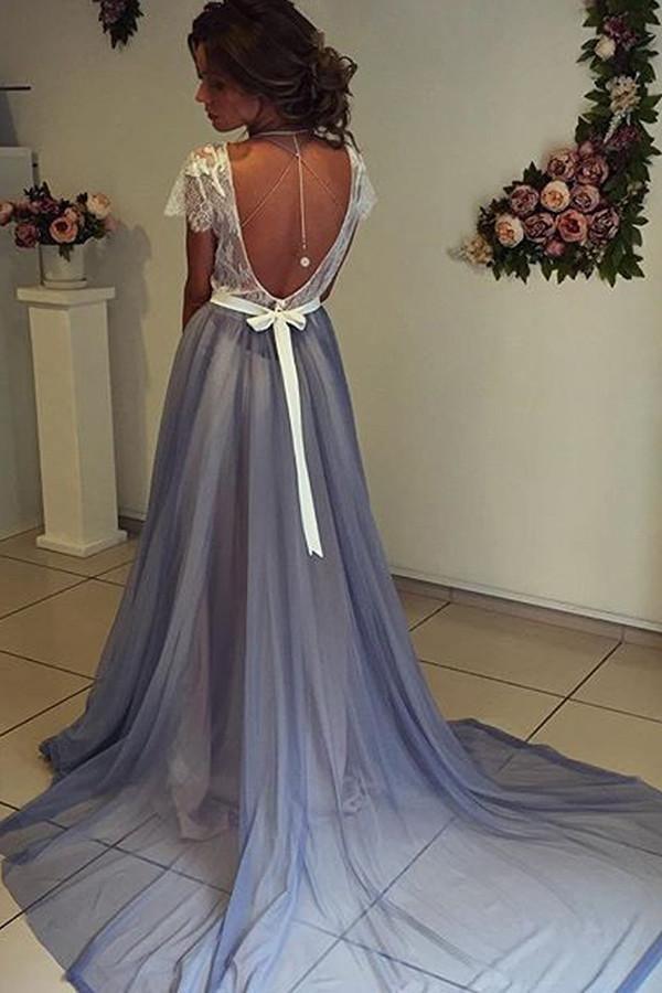 Scoop Neckline Cap Sleeves Chiffon Prom Dress with Lace Backless PG351 - Tirdress