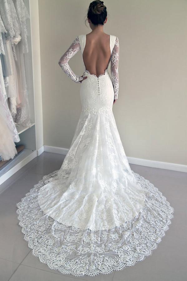 Scoop Open Back Mermaid Wedding Dress with Long Sleeves WD003 US2 / White Scoop Open Back Mermaid Wedding Dress with Long Sleeves WD003 US2 / White