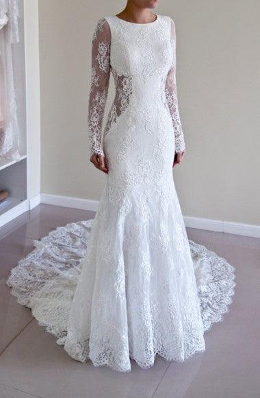 Scoop Open Back Sheath Lace Mermaid Wedding Dress With Long Sleeves TN0005 - Tirdress