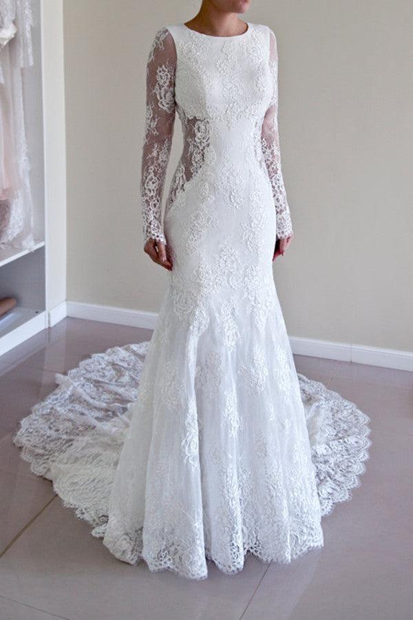 Scoop Open Back Sheath Lace Mermaid Wedding Dress With Long Sleeves TN0005 - Tirdress