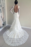 Scoop Open Back Sheath Lace Mermaid Wedding Dress With Long Sleeves TN0005 - Tirdress