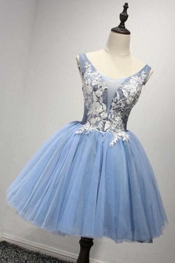Scoop Short Blue Tulle Homecoming Dress Party Dresses with Appliques PG122 - Tirdress